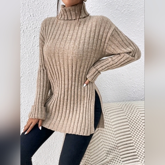 New Chic Wide Ribbed Split Hem Knit Sweater Top Turtleneck Camel Tan Beige - Picture 5 of 9